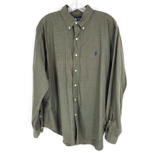 Ralph Lauren Button Down Shirt L Brown Blue Plaid Check Classic Fit 100% Cotton - Picture 1 of 11